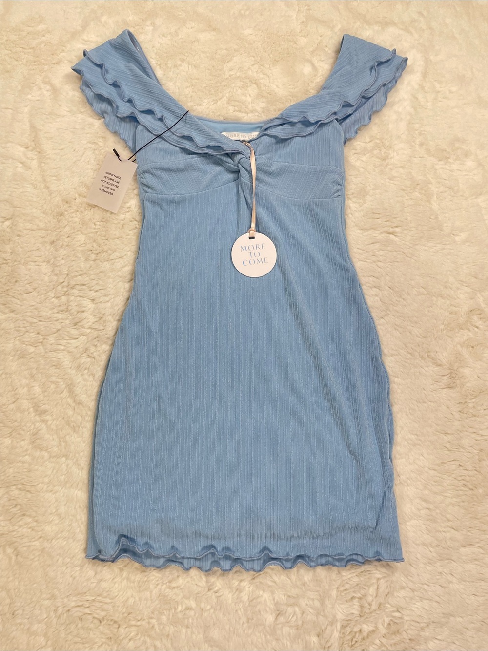 More To Come Light Blue Ruffled Off-Shoulder Mini Dress, Size Small